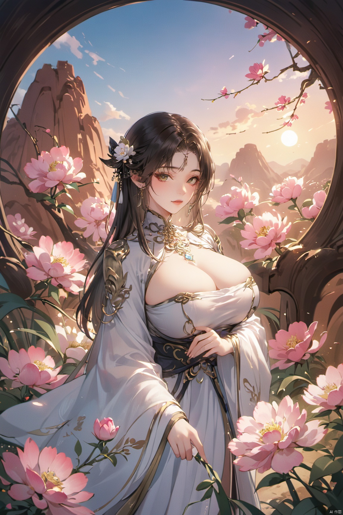 (Masterpiece:1.2), best quality,1girl, looking_at_viewer,(big breasts:1.39),Xyaoye,Large aperture, blurred background, spring scene, peony flowers, desert_sky