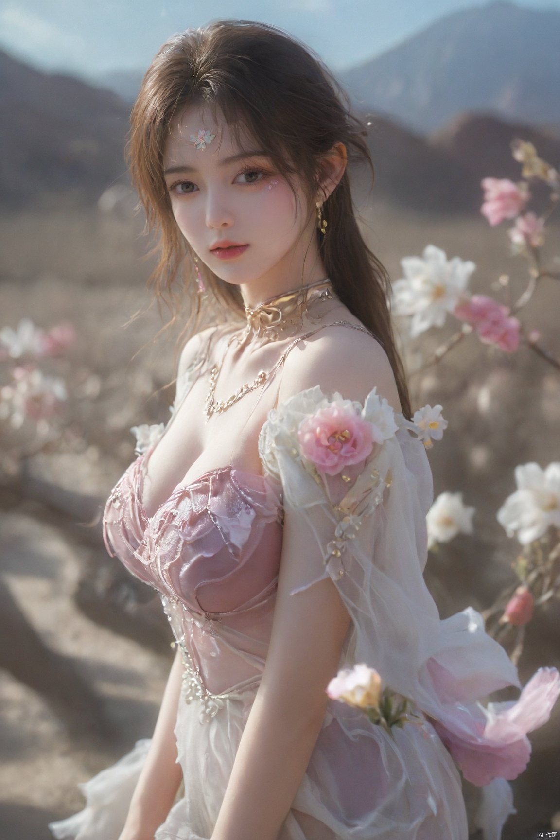 (Masterpiece:1.2), best quality,1girl, looking_at_viewer,(big breasts:1.39),Xyaoye,Large aperture, blurred background, spring scene,flowers, desert_sky