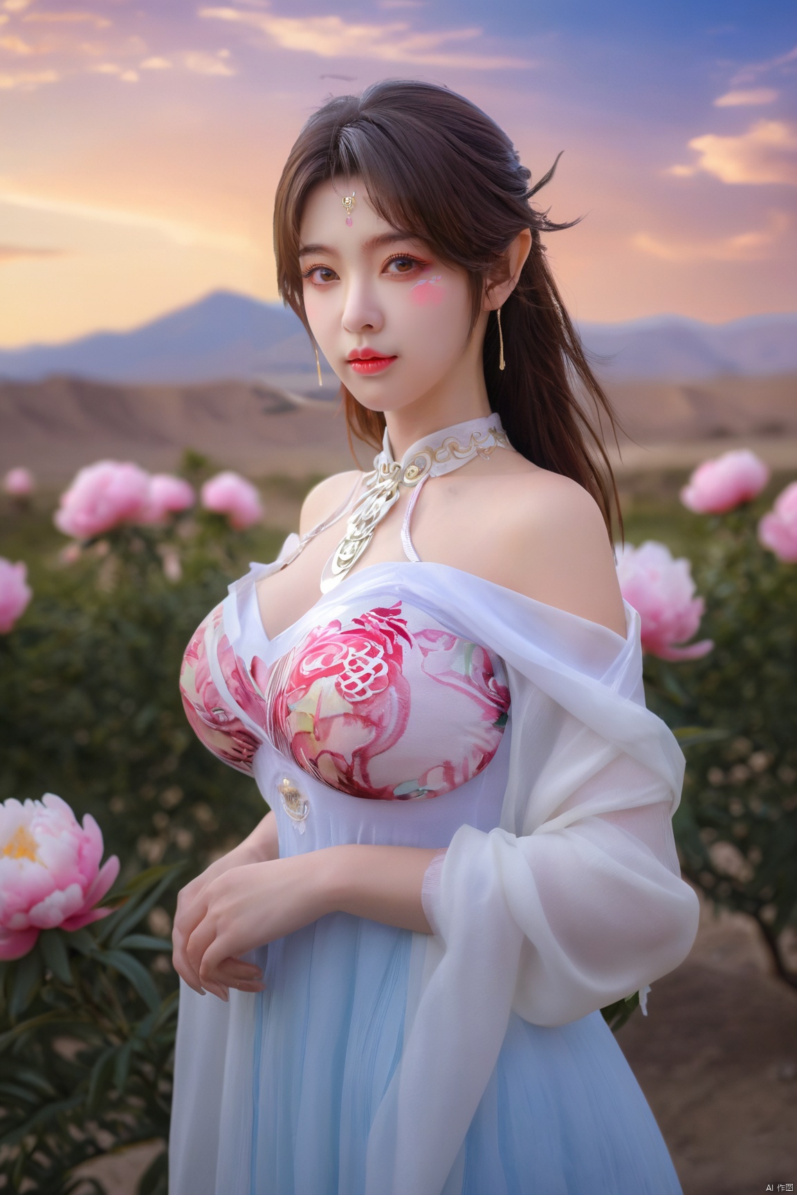 (Masterpiece:1.2), best quality,1girl, looking_at_viewer,(big breasts:1.39),Xyaoye,Large aperture, blurred background, spring scene, peony flowers, desert_sky