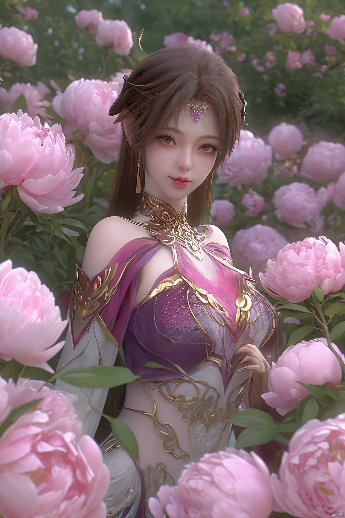 (Masterpiece:1.2), best quality,1girl, looking_at_viewer,(big breasts:1.39),Xyaoye,Large aperture, blurred background, spring scene, peony flowers