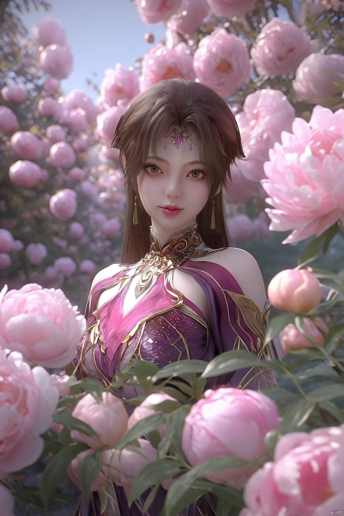 (Masterpiece:1.2), best quality,1girl, looking_at_viewer,(big breasts:1.39),Xyaoye,Large aperture, blurred background, spring scene, peony flowers