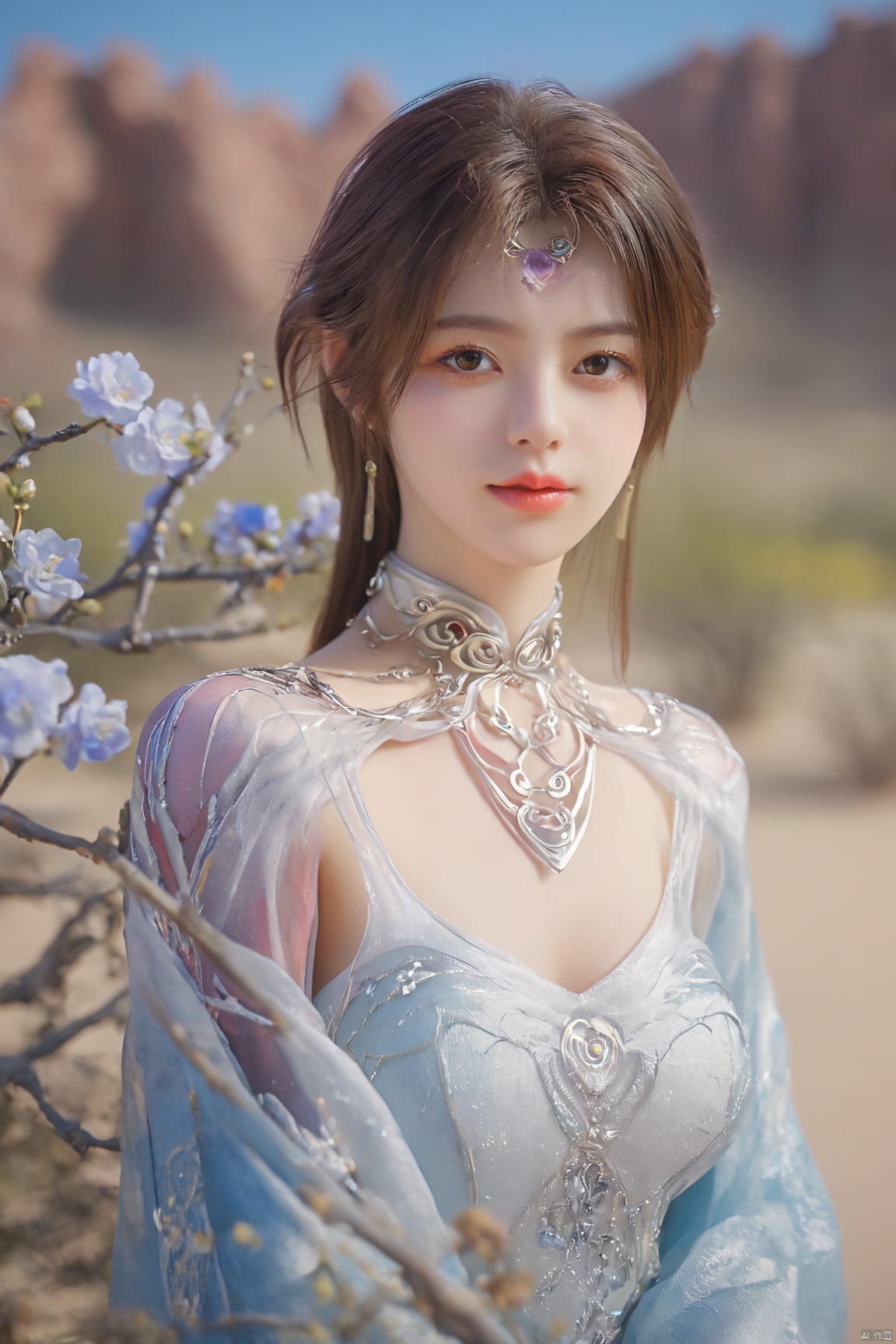 (Masterpiece:1.2), best quality,1girl, looking_at_viewer,(big breasts:1.39),Xyaoye,Large aperture, blurred background, spring scene,flowers, desert_sky