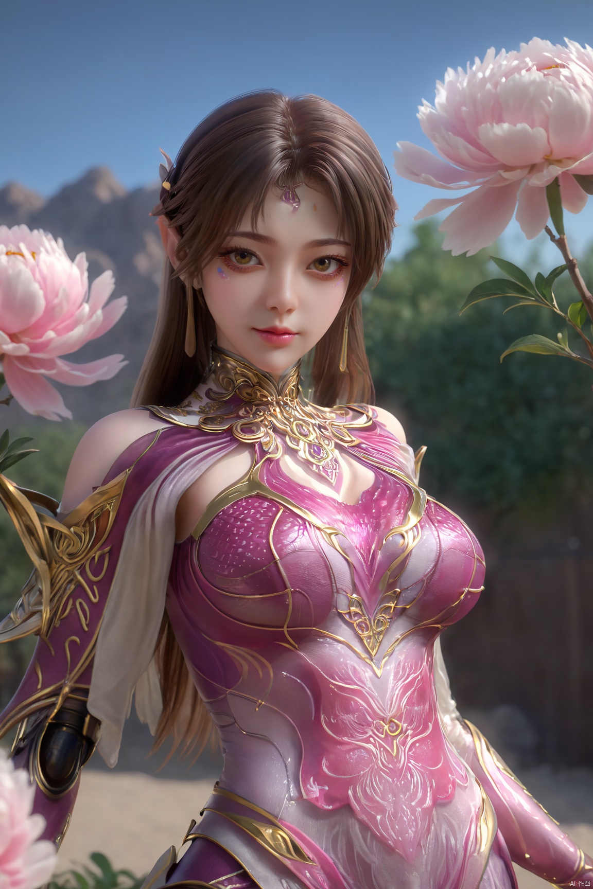 (Masterpiece:1.2), best quality,1girl, looking_at_viewer,(big breasts:1.39),Xyaoye,Large aperture, blurred background, spring scene, peony flowers, desert_sky