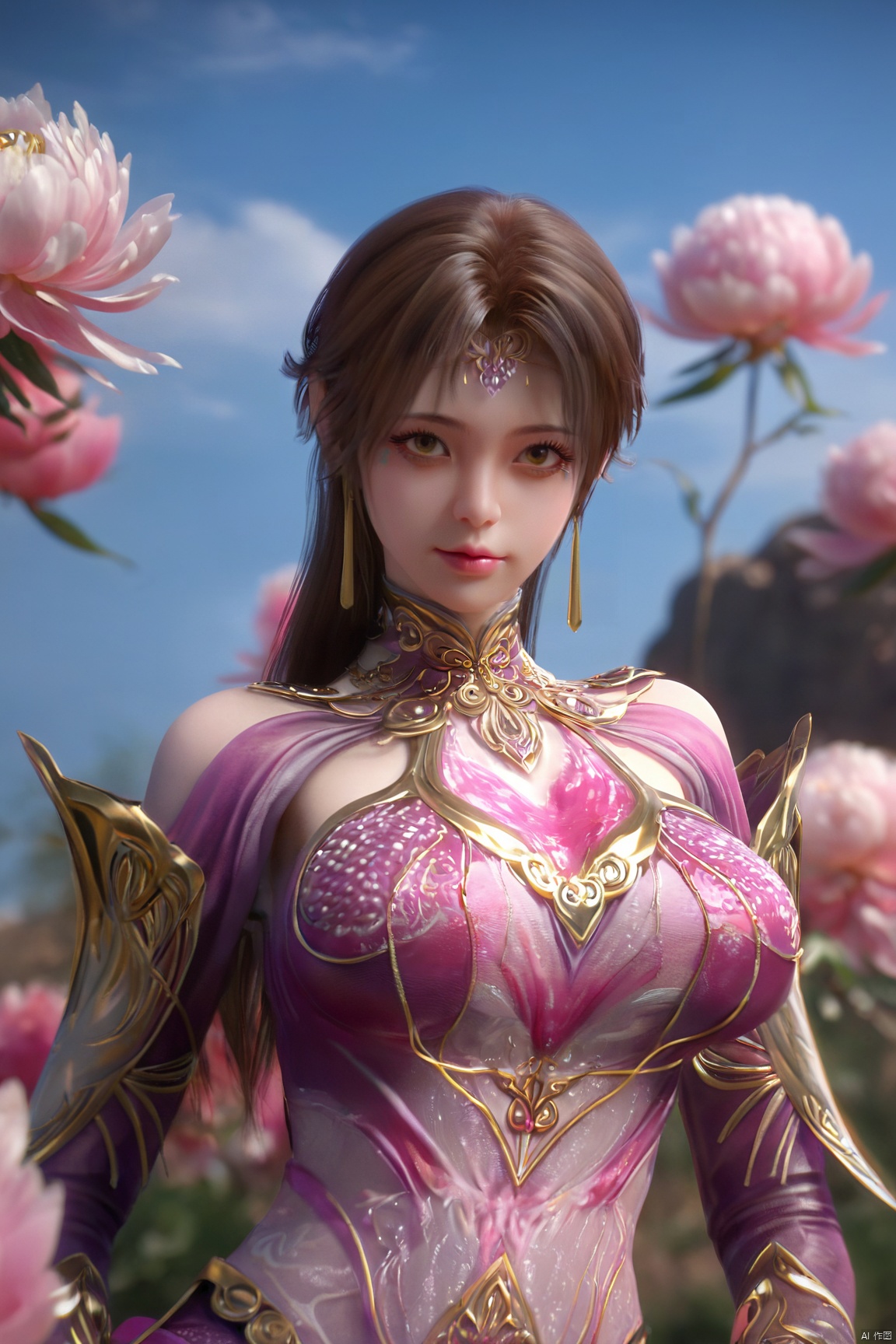 (Masterpiece:1.2), best quality,1girl, looking_at_viewer,(big breasts:1.39),Xyaoye,Large aperture, blurred background, spring scene, peony flowers, desert_sky