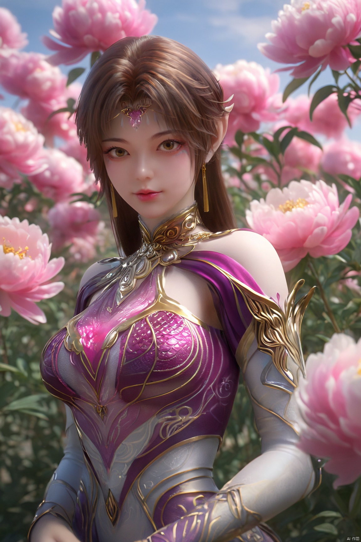 (Masterpiece:1.2), best quality,1girl, looking_at_viewer,(big breasts:1.39),Xyaoye,Large aperture, blurred background, spring scene, peony flowers, desert_sky