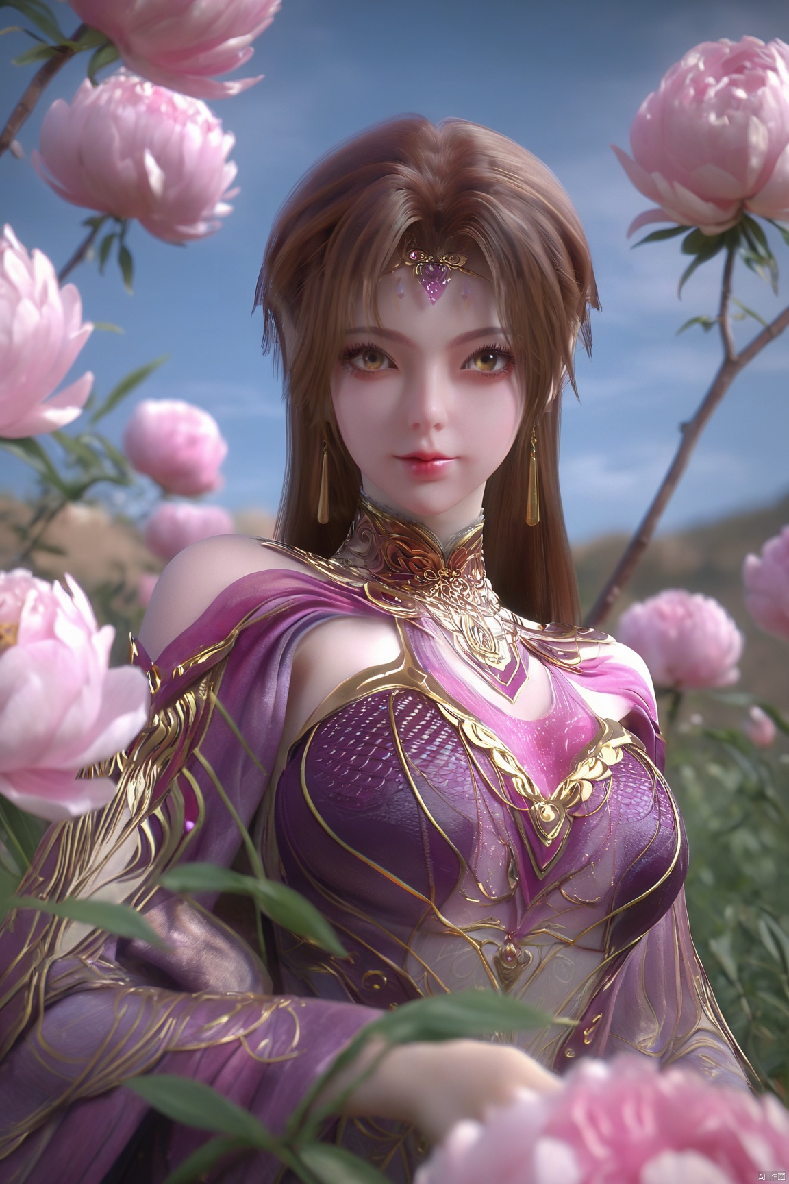 (Masterpiece:1.2), best quality,1girl, looking_at_viewer,(big breasts:1.39),Xyaoye,Large aperture, blurred background, spring scene, peony flowers, desert_sky