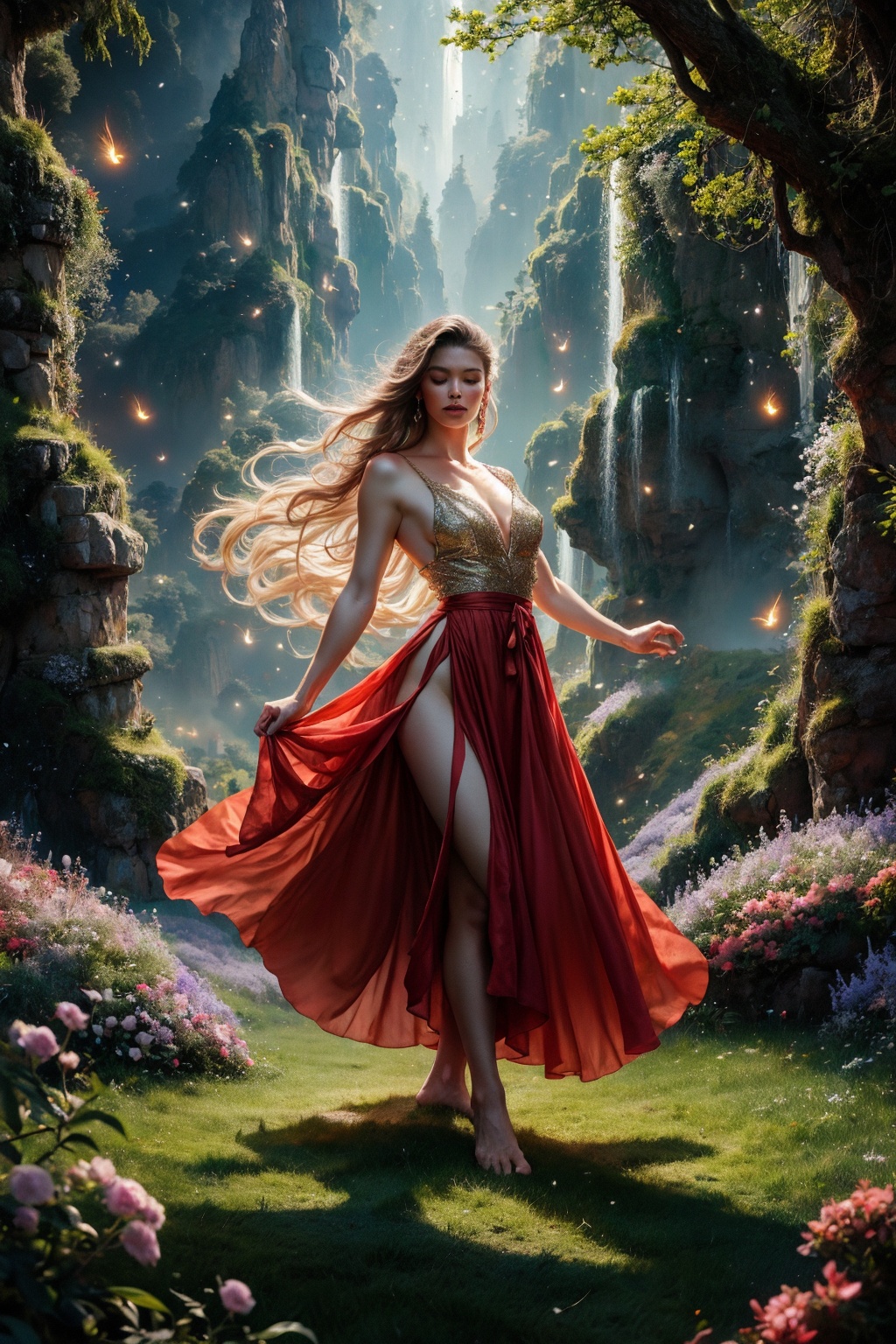 "Create an image of a beautiful woman wearing a flowing red dress standing in a dreamy,  enchanting forest. The scene is i...