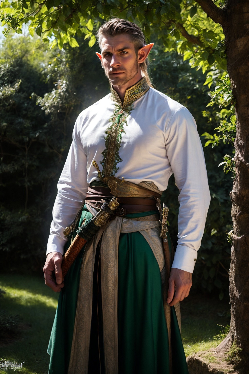 handsome elf with sharp features and pointed ears stands confidently on a tree branch,  dressed in intricate green elf clo...