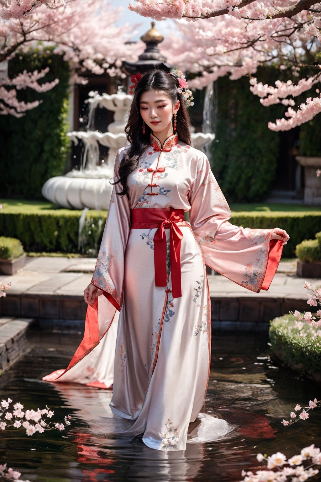 An elegant and beautiful woman dressed in traditional Chinese attire,  her light pink robes flowing gracefully in the wind...