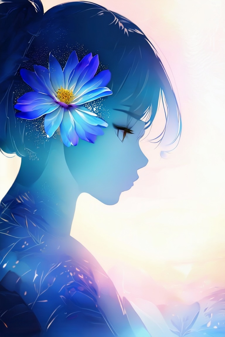 anime style,  masterpiece,  silhouette of a woman in profile. Inside the silhouette you can see the double exposure with a...