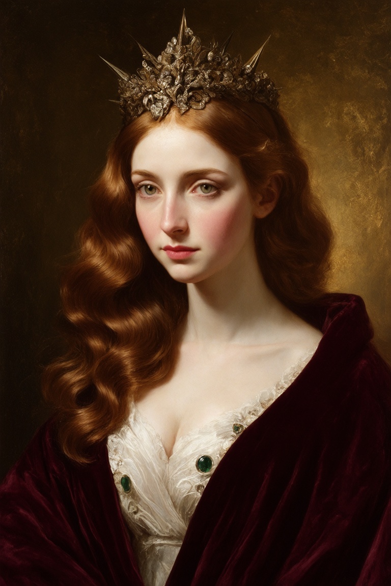 portrait of a regal woman with long,  wavy auburn hair draped over her shoulders. She has a fair complexion with striking...
