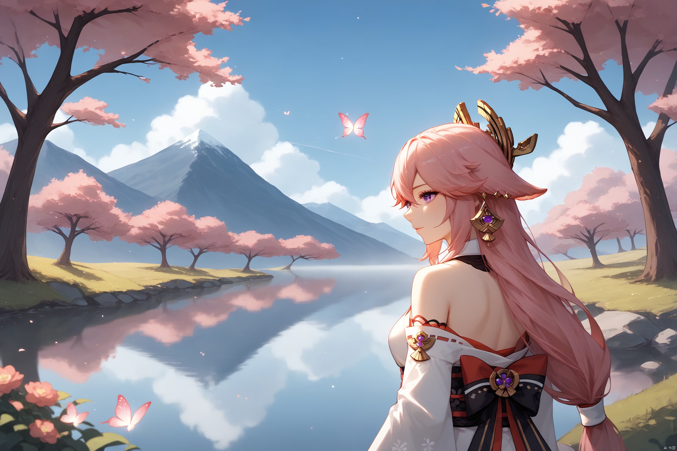 score_9,score_8_up,score_7_up,yae_miko_\(genshin_impact\),This is a digital artwork in an anime style, depicting a young woman in a serene, ethereal setting. The woman has long, flowing pink hair that cascades down her back, with a few strands framing her face. She has large, expressive purple eyes and a gentle, serene expression. She is dressed in a traditional Japanese kimono, predominantly white with intricate floral patterns in pastel hues of pink, purple, and blue. The kimono is adorned with gold and black accents, including a large black bow at the waist and golden ornamental details on the sleeves. She holds a traditional Japanese paper parasol, which is open and partially shaded, casting a soft, dappled pattern on her face and the ground.

The background features a tranquil lake with reflections of the mountains and the moon, creating a dreamy, otherworldly atmosphere. The sky is a gradient of purples and blues, with wispy clouds and floating butterflies adding to the whimsical feel. The distant mountains are silhouetted against the sky, and there are small, glowing orbs scattered throughout the scene, enhancing the magical ambiance. The overall color palette is soft and serene, with pastel shades dominating the scene, creating a sense of tranquility and fantasy., yuputuan