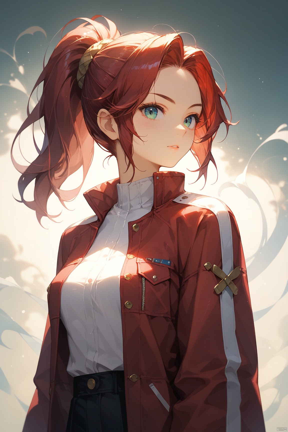 score_9, score_8_up, score_7_up,extremely detailed CG unity 8k wallpaper,1girl,ponytail,red jacket,white sleeves,cowboy_shot,