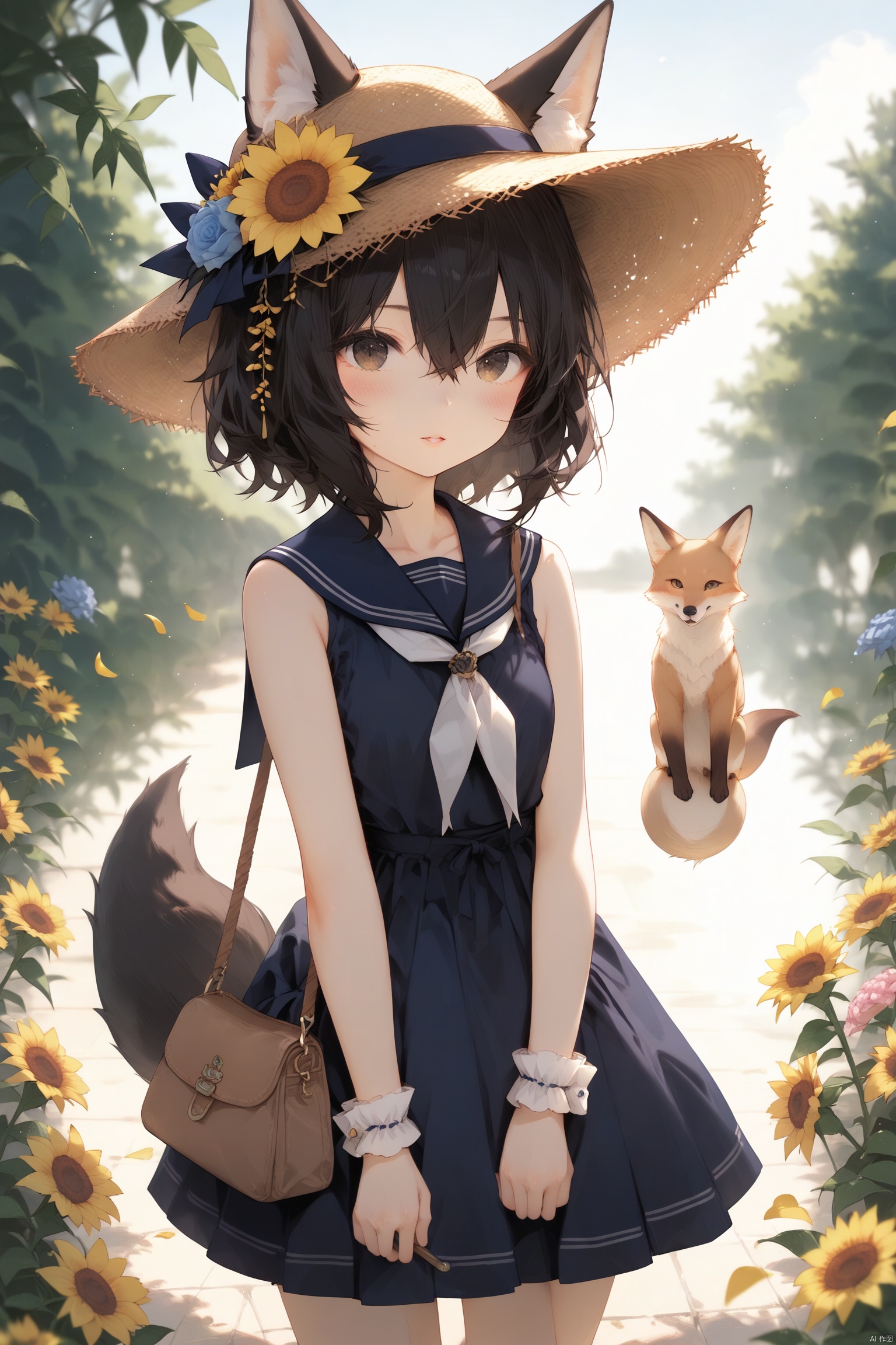 score_9, score_8_up, score_7_up, score_6_up, dress, animal ears, hat, 1girl, hat flower, flower, tail, sleeveless, sleeveless dress, solo, bag, blue dress, shoulder bag, looking at viewer, sailor collar, petals, sailor dress, straw hat, hair between eyes, hand up, sunflower, outdoors, short hair, standing, ears through headwear, white flower, blush, yellow flower, water, sun hat, collarbone, fox tail, pink flower, brown eyes, neckerchief, grey eyes, day, red flower, closed mouth, fox ears, bare shoulders, parted lips, animal ear fluff, rose, blurry, skirt hold, depth of field, wrist scrunchie, black hair, blue sailor collar, grey hair, ribbon, animal bag, blue flower, white neckerchief, animal, wrist cuffs, handbag, bare arms
