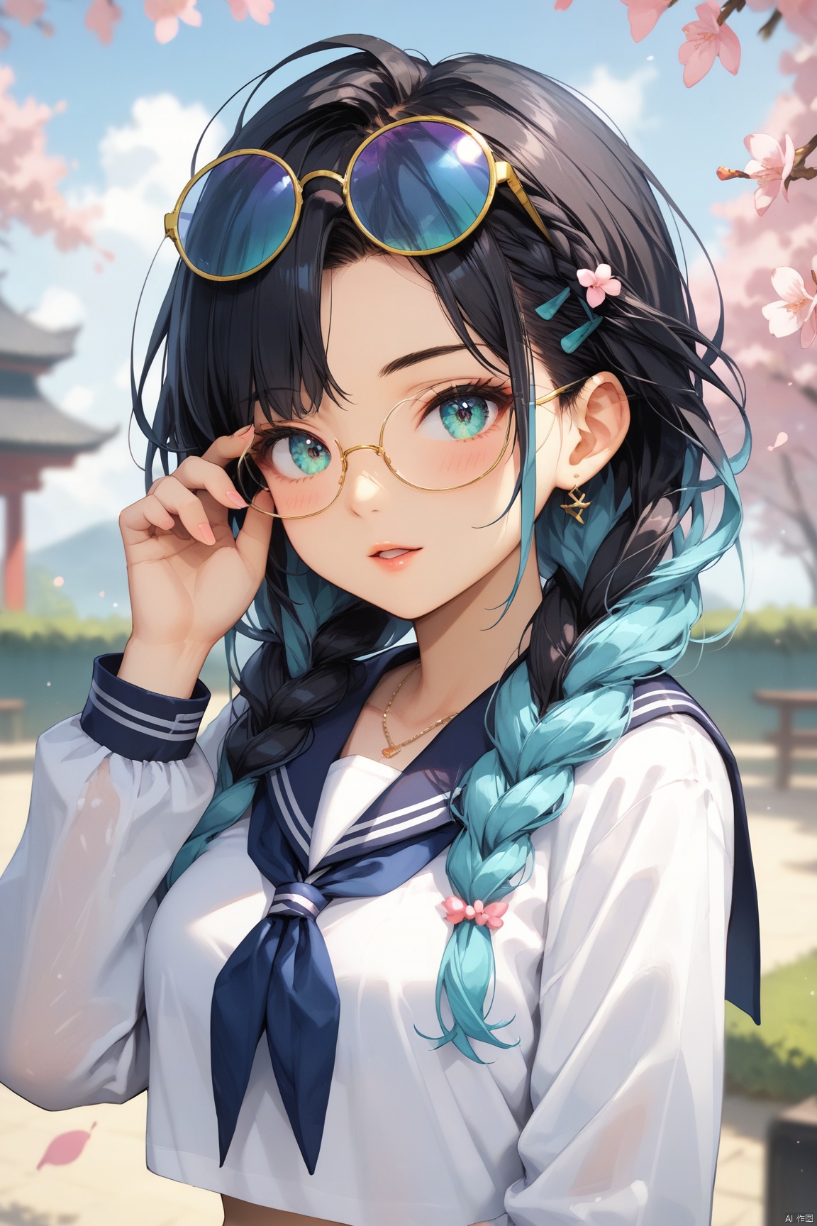 score_9,score_8_up,score_7_up,1girl,eyewear_on_head,solo,multicolored_hair,braid,sailor_collar,looking_at_viewer,school_uniform,long_sleeves,blush,jewelry,upper_body,necklace,colored_inner_hair,serafuku,black_neckerchief,white_shirt,sunglasses,twin_braids,black_hair,shirt,aqua_hair,round_eyewear,neckerchief,blurry,long_hair,two-tone_hair,aqua_eyes,adjusting_eyewear,blurry_background,cherry_blossoms,parted_lips,hand_on_eyewear,glasses,flower,open_mouth,v,multicolored_eyes,