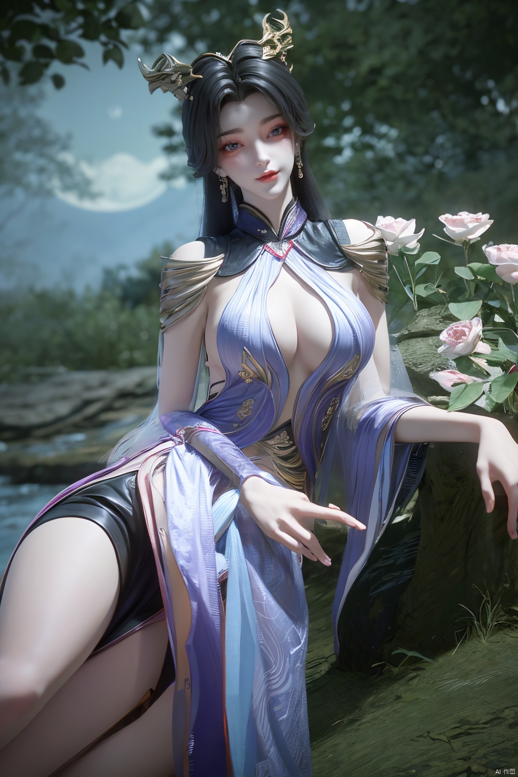 (Masterpiece:1.2), best quality,1girl, looking_at_viewer,(big breasts:1.39),Xyaoye,Large aperture, blurred background, spring scene,flowers,Xsimiaoling,full moon
