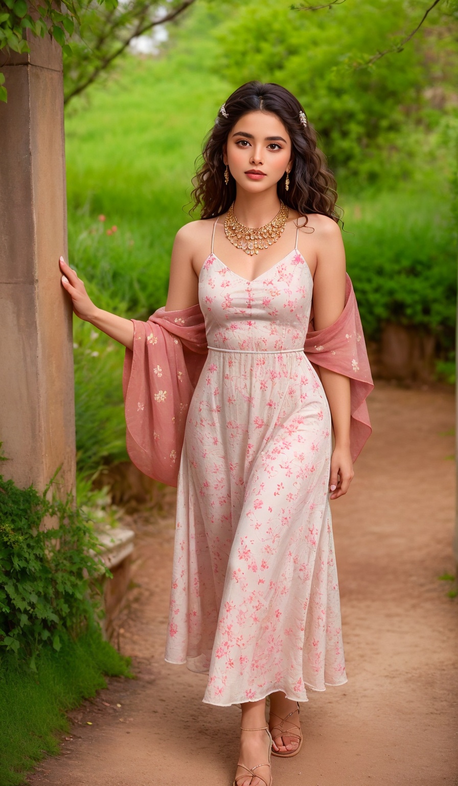 A young woman with sun-kissed skin and curly locks poses effortlessly on a lush green hillside,  her bohemian style radiat...