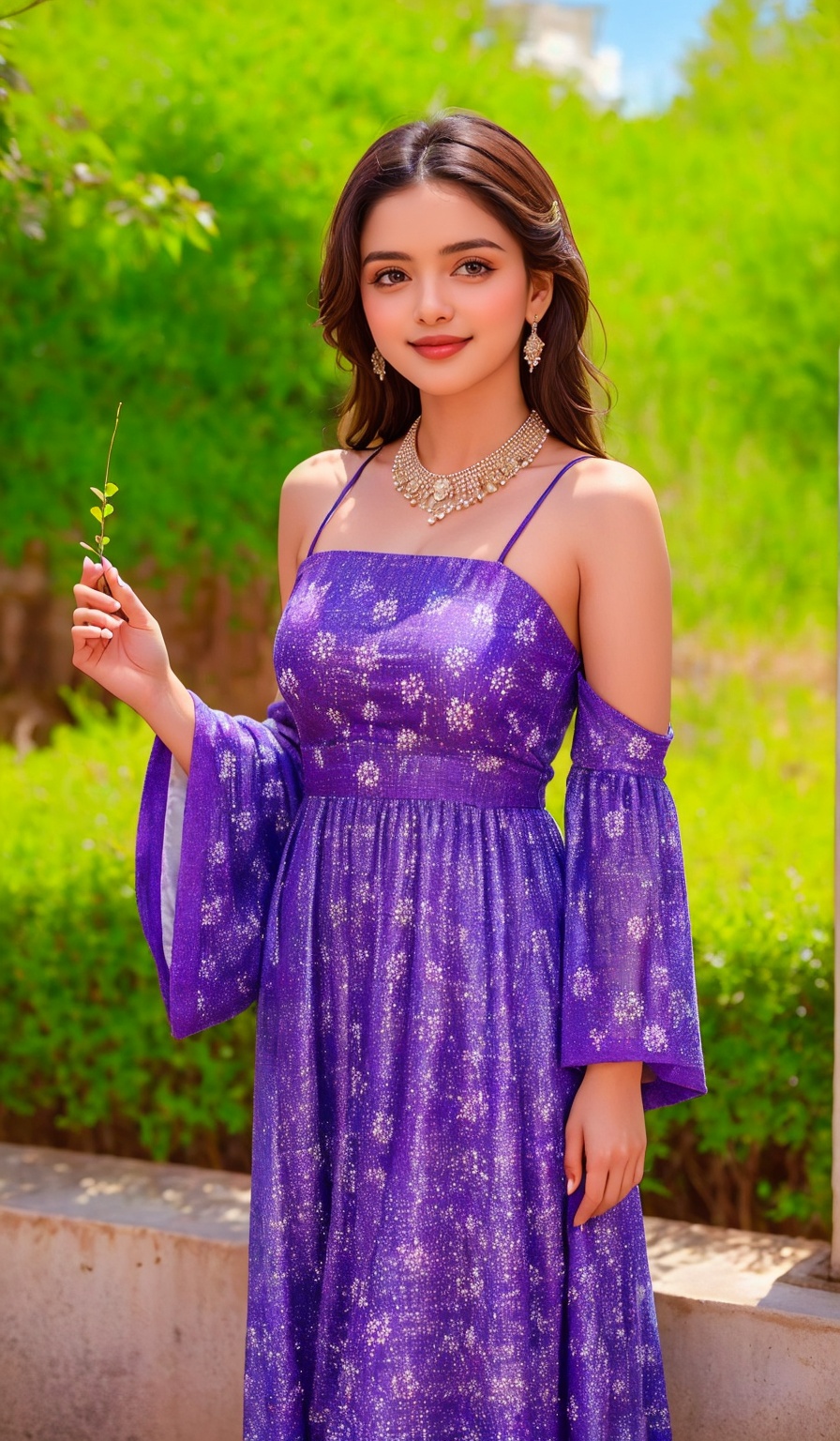 A young woman with bright smile,  wearing a lightweight,  floral-patterned sundress with flowing sleeves and a relaxed fit...