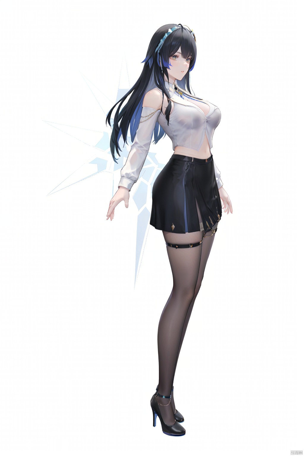1girl, full body, best quality, high detail, , Katya, 3rd clothes, mishu, 1girl, pantyhose, skirt, breasts, black hair, multicolored hair, black skirt, long hair, high heels, 

Confident, stunning figure, head high, eyes sparkling, magnetic presence, commanding attention, self-assured, charismatic, captivating., dynamic pose, extreme aesthetics, art photography, film lens, film light and shadow, simple_black_background, black and white theme, Sense of coordination, sense of order, mathematics beauty, (cover design), (cover art), ((trim)), album_art, official art, (Master's work), chessboard, chess, white geometry, black geometry, reflection, crystal_art, pattern_design, creative, Mystery pattern, black crystal decorate, black crystal, (architectural art), ((geometric art)), pattern design, creative, ------, Low saturation, grand masterpiece, Perfect composition, film light, light art, 

