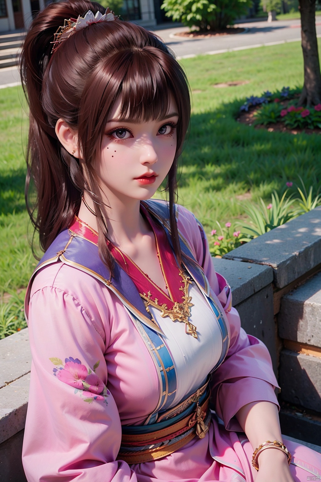 flowers,huge flowers,parks, meadows,1 girl, bangs,blunt bangs, brown hair, chinese clothes, japanese clothes,eyelashes, hair ornament,long hair, makeup, mole, mole under eye,solo,lipstick,purple eyes, realistic, red lips, bracelet, brown eyes,dress, jewelry,pink dress, ponytail, sash,looking at viewer,Above calf,Sitting,