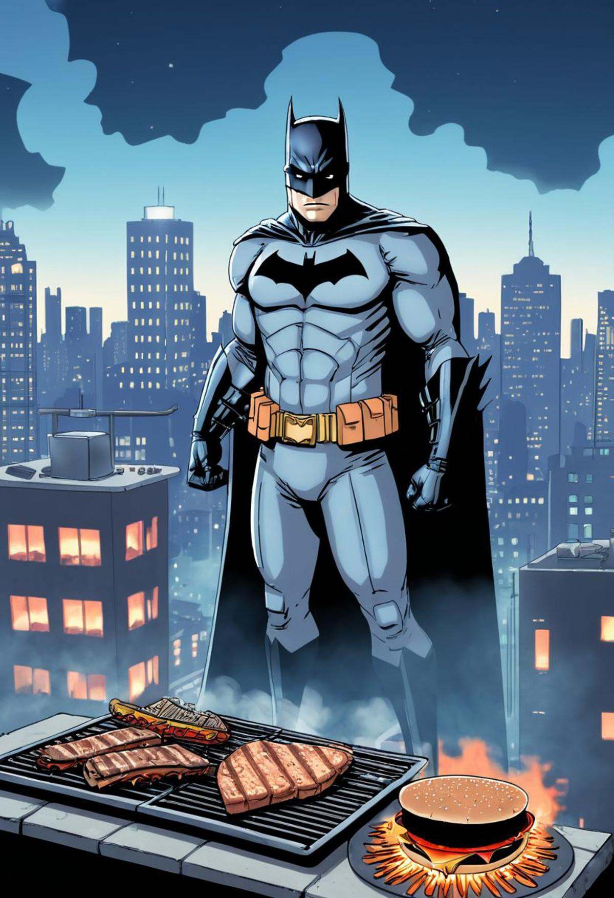 A comic-style illustration of Batman grilling barbecue in his urban rooftop hideout. Batman,  in his dark,  iconic costume...