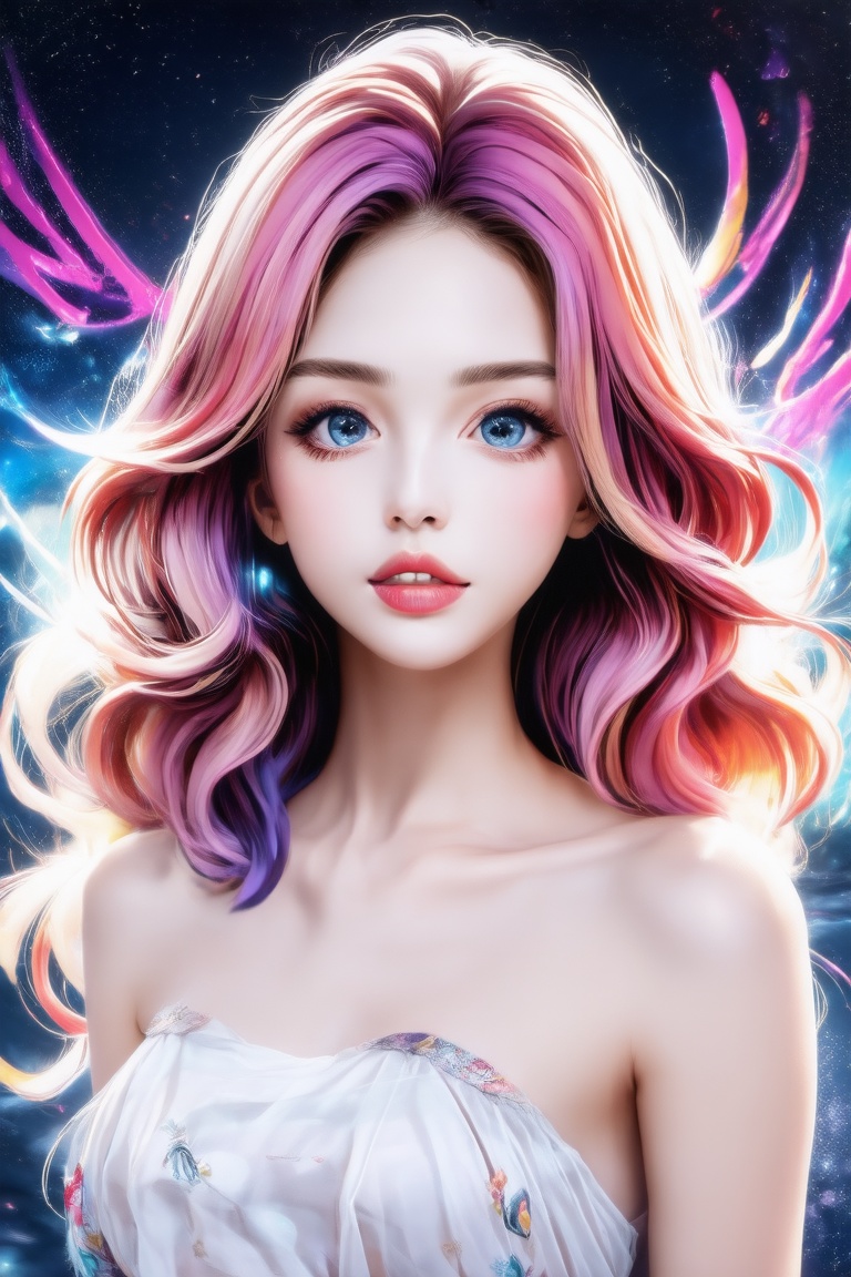 A captivating portrait of a mix colors medium hair style,  big wavy locks framing her radiant face. Behind her,  a vibrant...