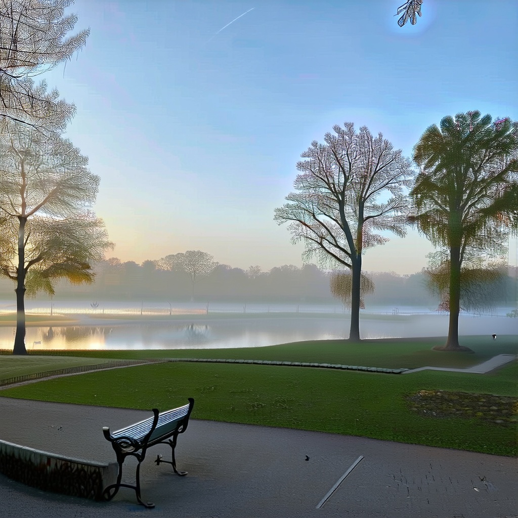 A serene park scene at dawn,  with soft morning light filtering through tall,  lush trees. A gentle mist hovers over a sma...
