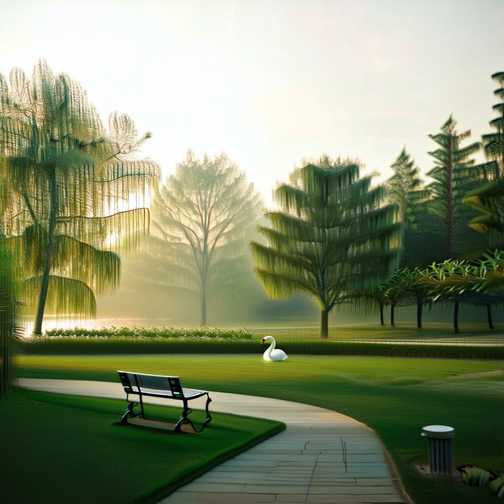A serene park scene at dawn,  with soft morning light filtering through tall,  lush trees. A gentle mist hovers over a sma...