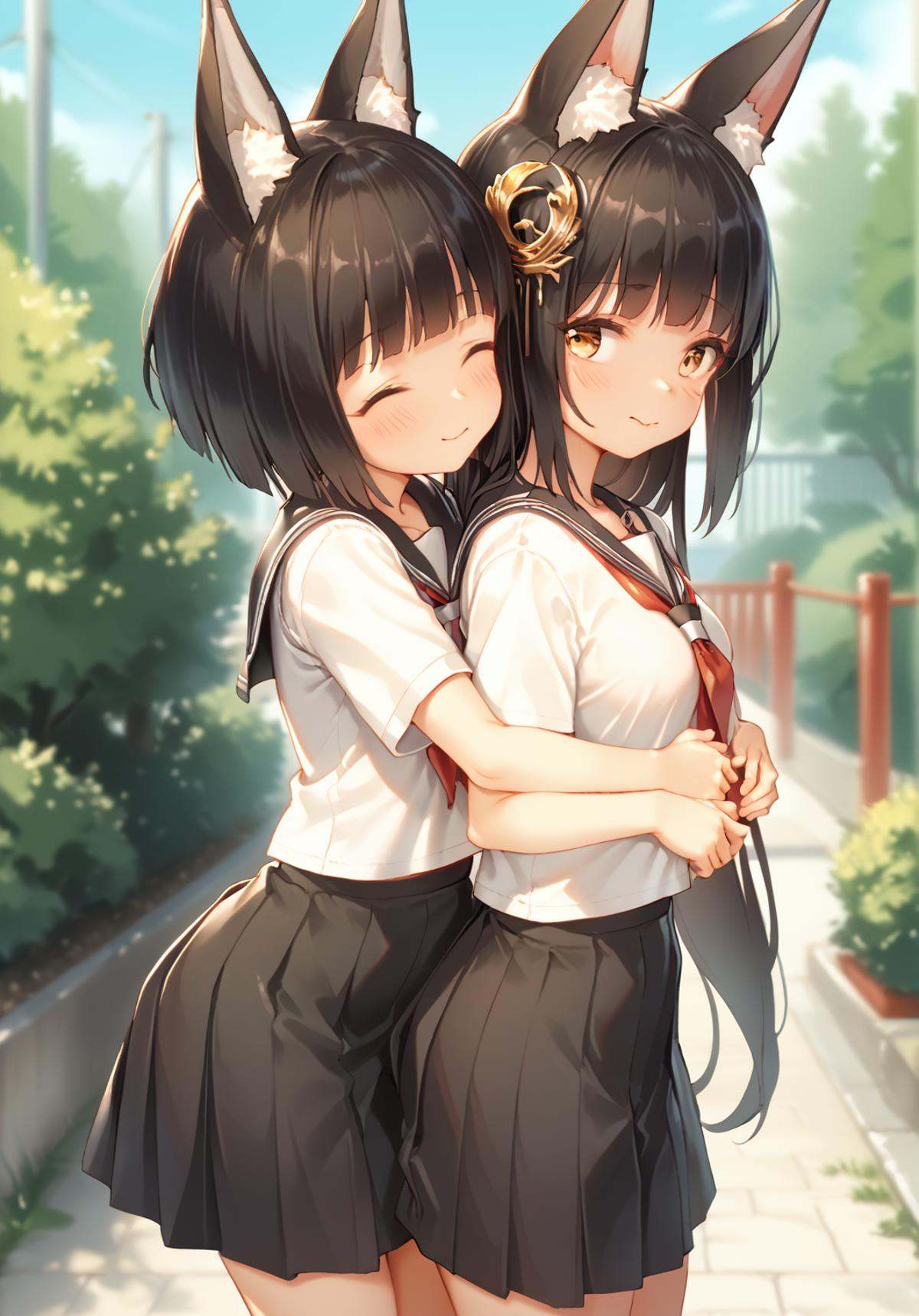 <lora:nagato&mutsu_pony_v0.2:0.8>,mutsu \(azur lane\), nagato \(azur lane\),2girls, short hair, long hair,fox ears,black hair,serafuku, school uniform,black skirt, (hug from behind), outdoors,grabbing hand from behind,, score_9, score_8_up, score_7_up, source_anime,
