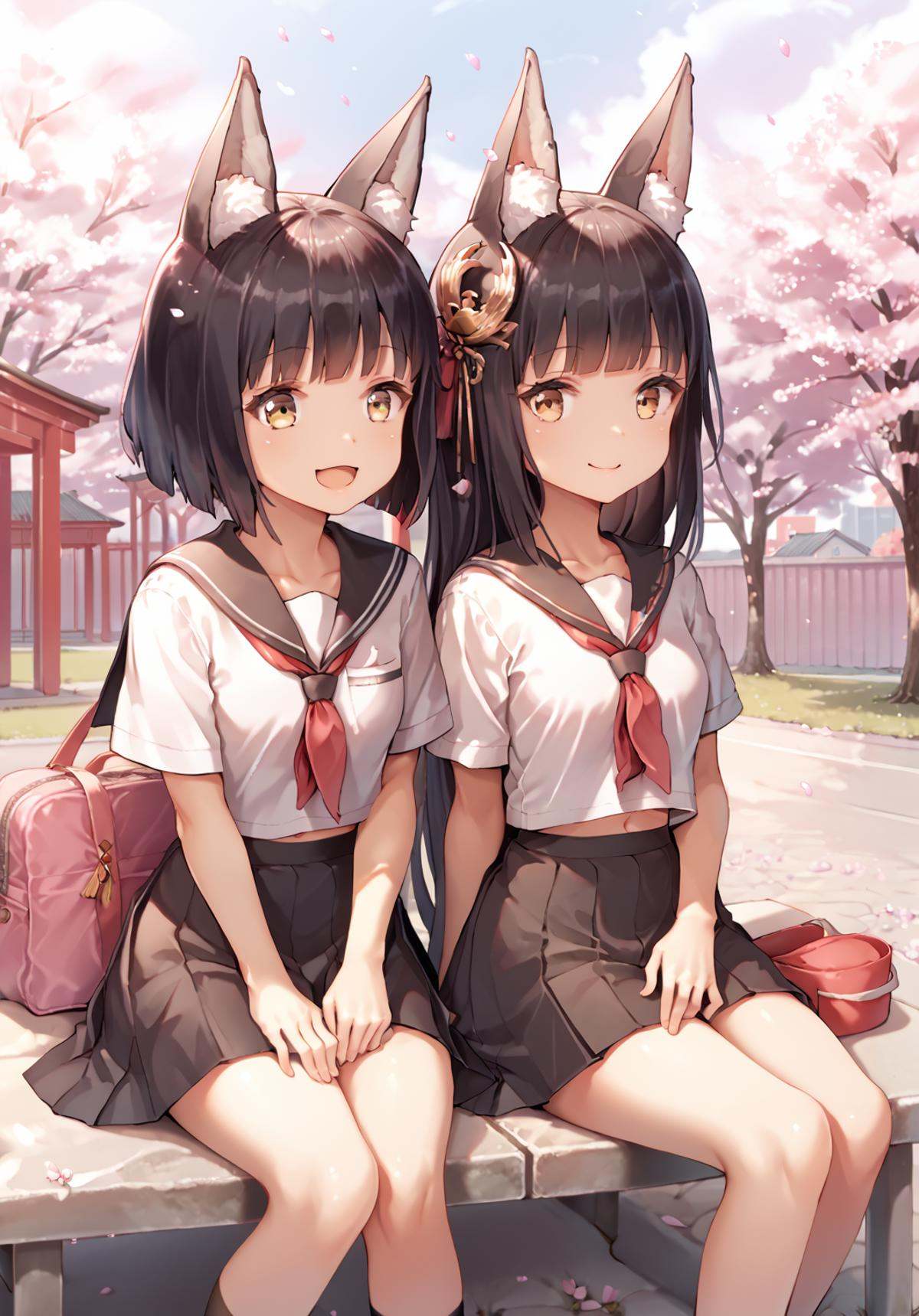 <lora:nagato&mutsu_pony_v0.2:0.8>,mutsu \(azur lane\), nagato \(azur lane\),2girls, short hair, long hair,fox ears,black hair,serafuku, school uniform,black  skirt, sitting, outdoors, cherry blossoms,happy,, score_9, score_8_up, score_7_up, source_anime,