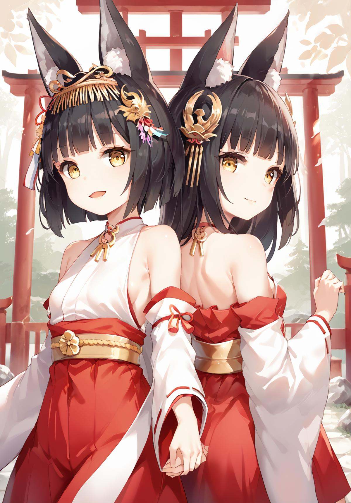 <lora:nagato&mutsu_pony_v0.2:0.8>,mutsu \(azur lane\), nagato \(azur lane\),2girls, short hair, long hair,fox ears,black hair,hair ornament,red dress,wide sleeves,white sleeves,bare shoulders,back-to-back, expressionless,,smile, open mouth, closed mouth, looking at viewer, shrine,holding hands, score_9, score_8_up, score_7_up, source_anime,