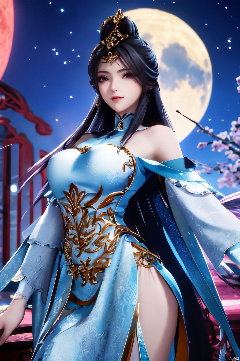 (masterpiece:1.3),  Best quality:1.4), (1girls),big breasts,1 girl,Xzhihua,full moon,Xbibo