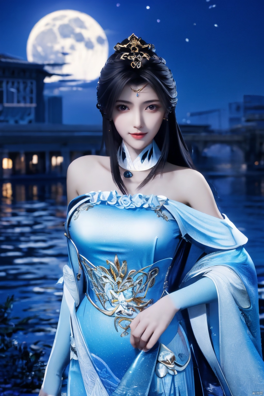 (masterpiece:1.3),  Best quality:1.4), (1girls),big breasts,1 girl,Xzhihua,full moon,Xbibo