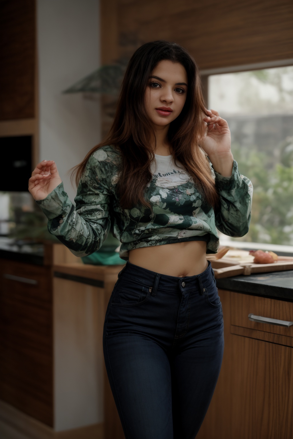 a woman with long,  curly brown hair stands in a kitchen. She is wearing a yellow long-sleeved t-shirt,  curvy on Tensor.Art