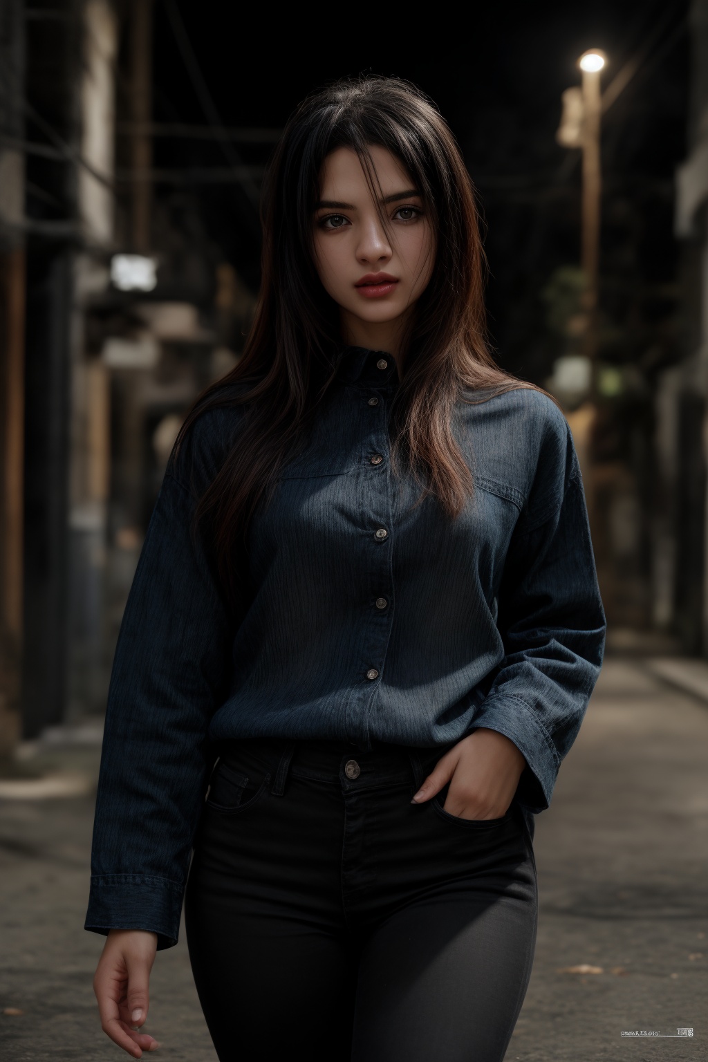 pretty 1girl,  long straight black hair,  wearing denim cover all fashion on Tensor.Art