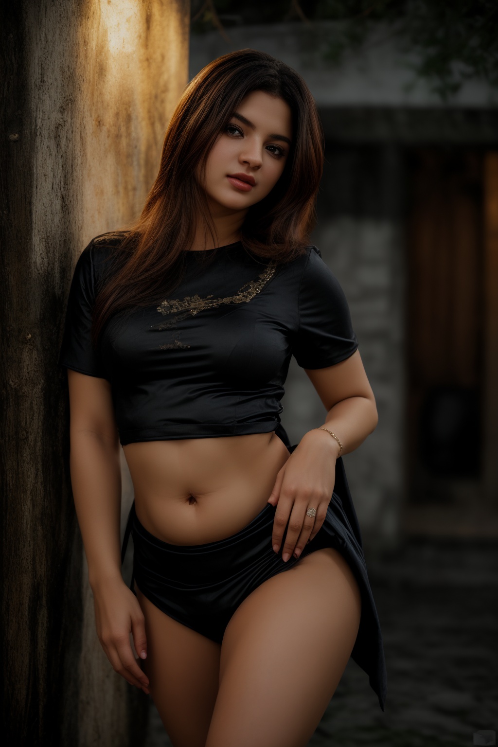 A beauty poses elegantly against a richly textured,  warm-toned backdrop,  bathed in soft sidelighting that accentuates he...