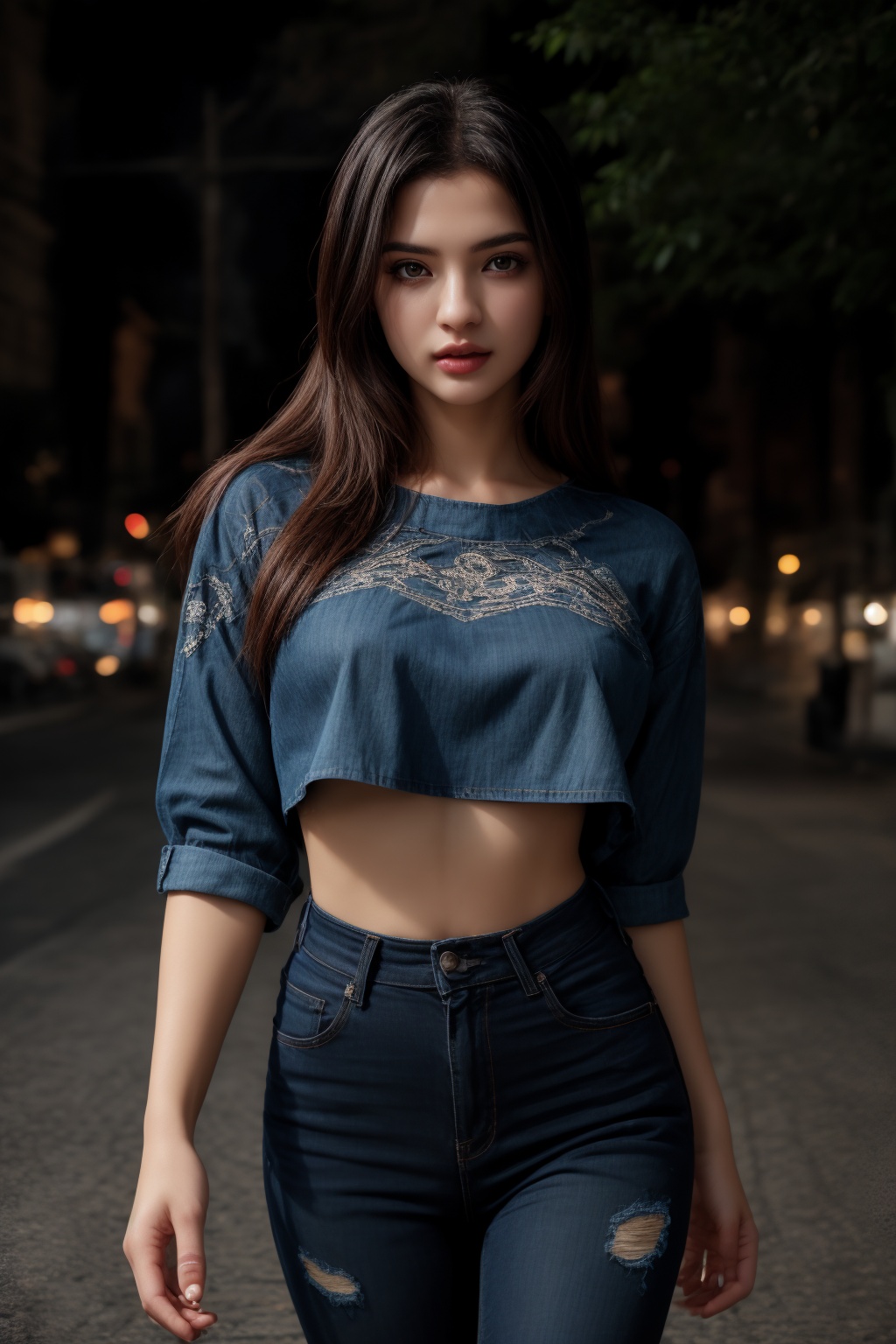 pretty 1girl,  long straight black hair,  wearing denim cover all fashion on Tensor.Art