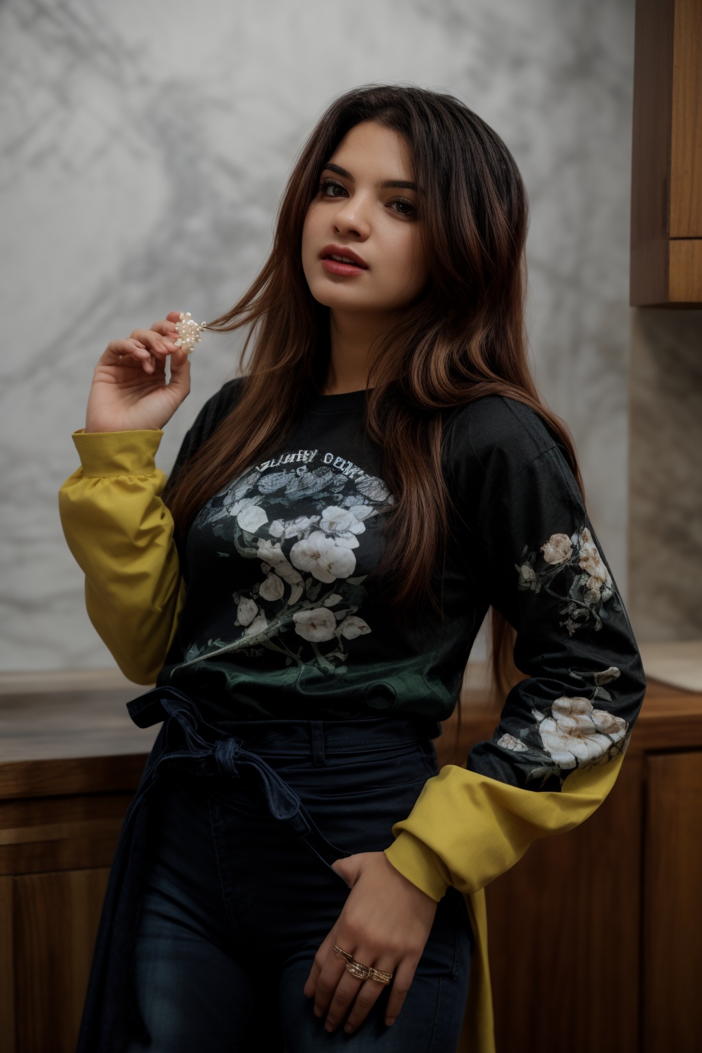 a woman with long,  curly brown hair stands in a kitchen. She is wearing a yellow long-sleeved t-shirt,  adorned with a mu...