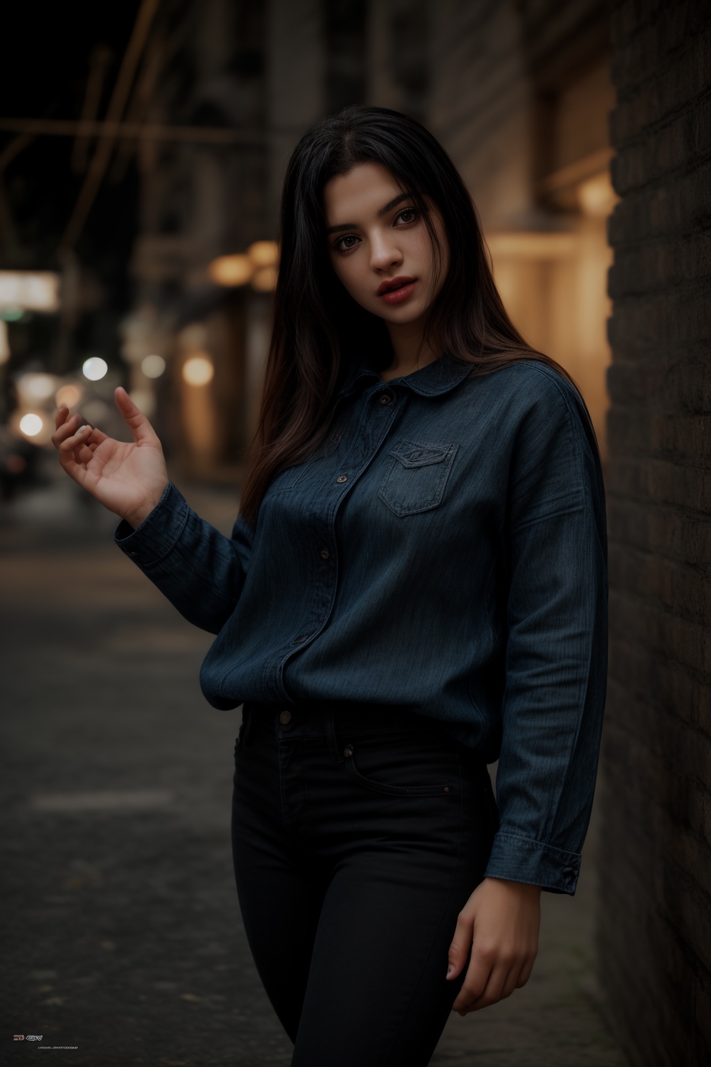 pretty 1girl,  long straight black hair,  wearing denim cover all fashion on Tensor.Art