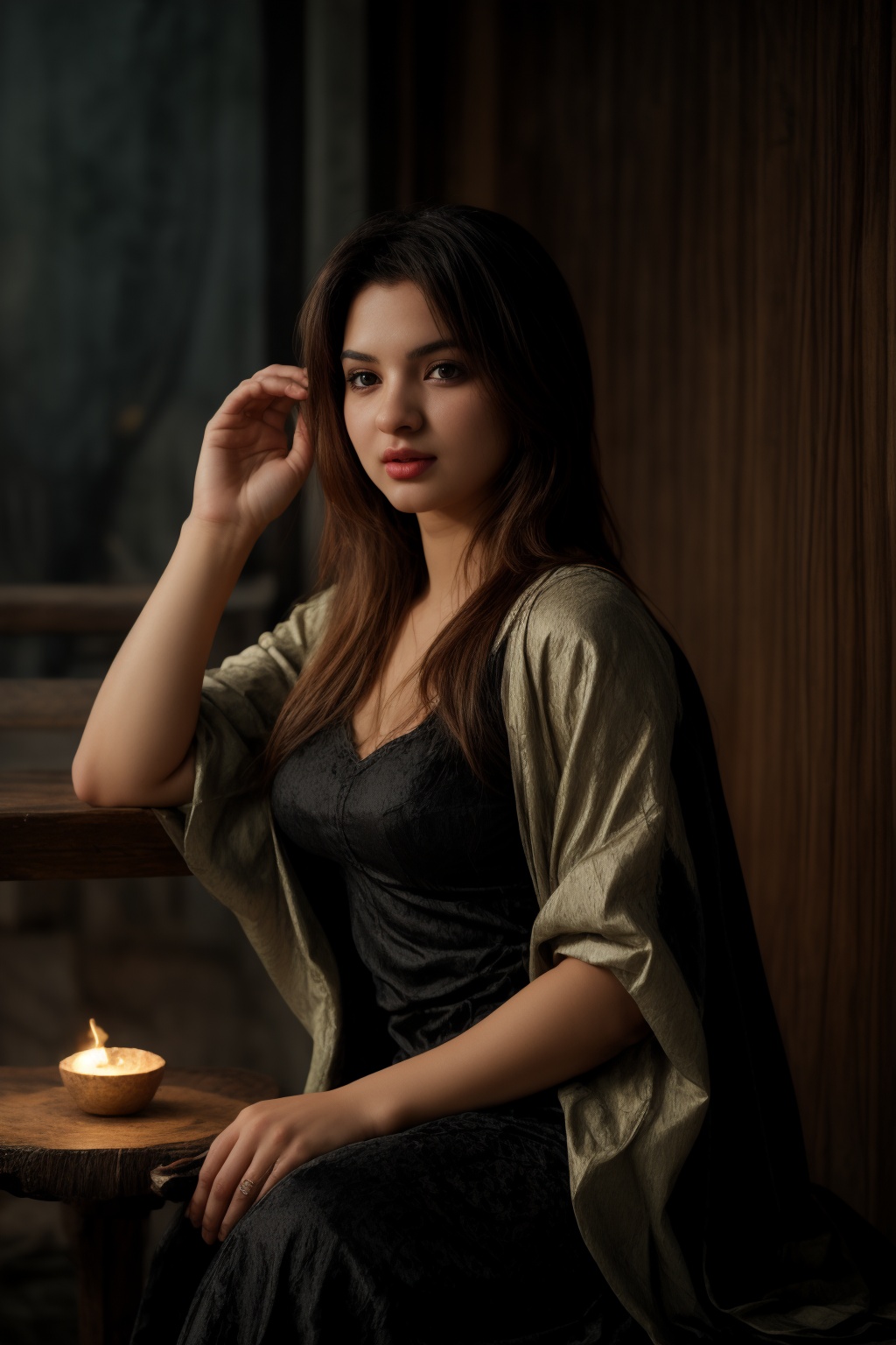 A beauty poses elegantly against a richly textured,  warm-toned backdrop,  bathed in soft sidelighting that accentuates he...