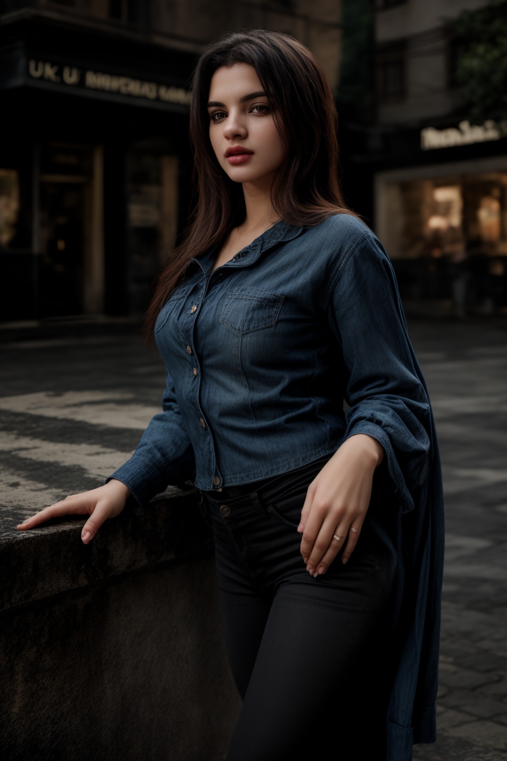 pretty 1girl,  long straight black hair,  wearing denim cover all fashion on Tensor.Art