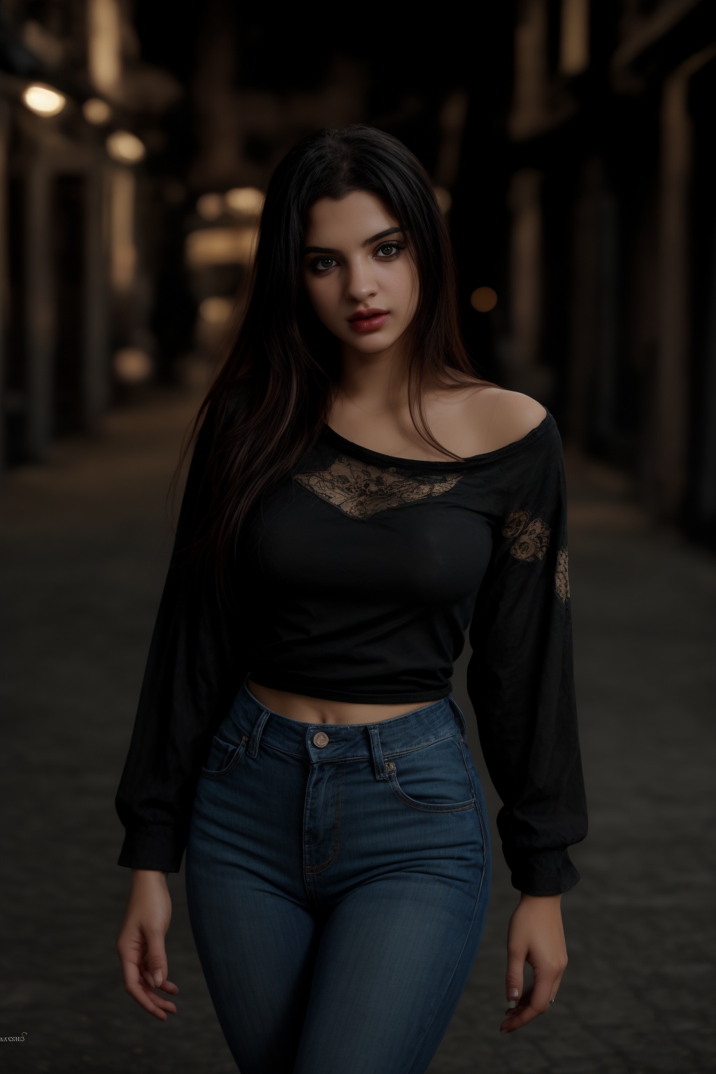 pretty 1girl,  long straight black hair,  wearing denim cover all fashion on Tensor.Art