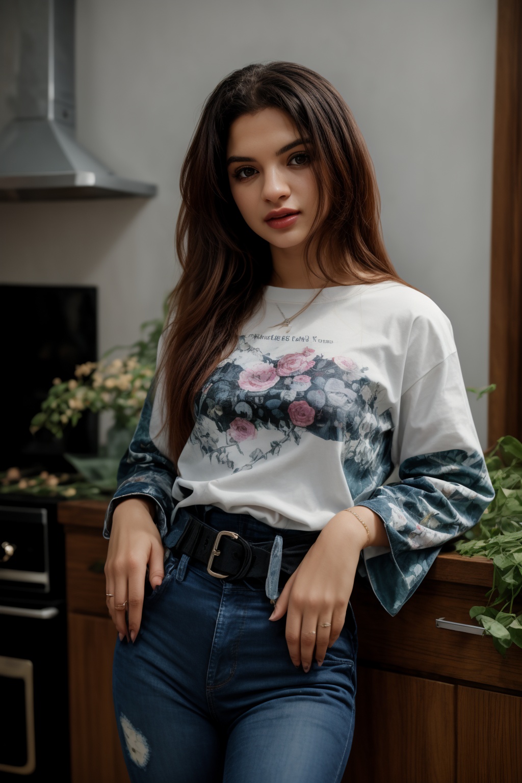 a woman with long,  curly brown hair stands in a kitchen. She is wearing a yellow long-sleeved t-shirt,  adorned with a mu...