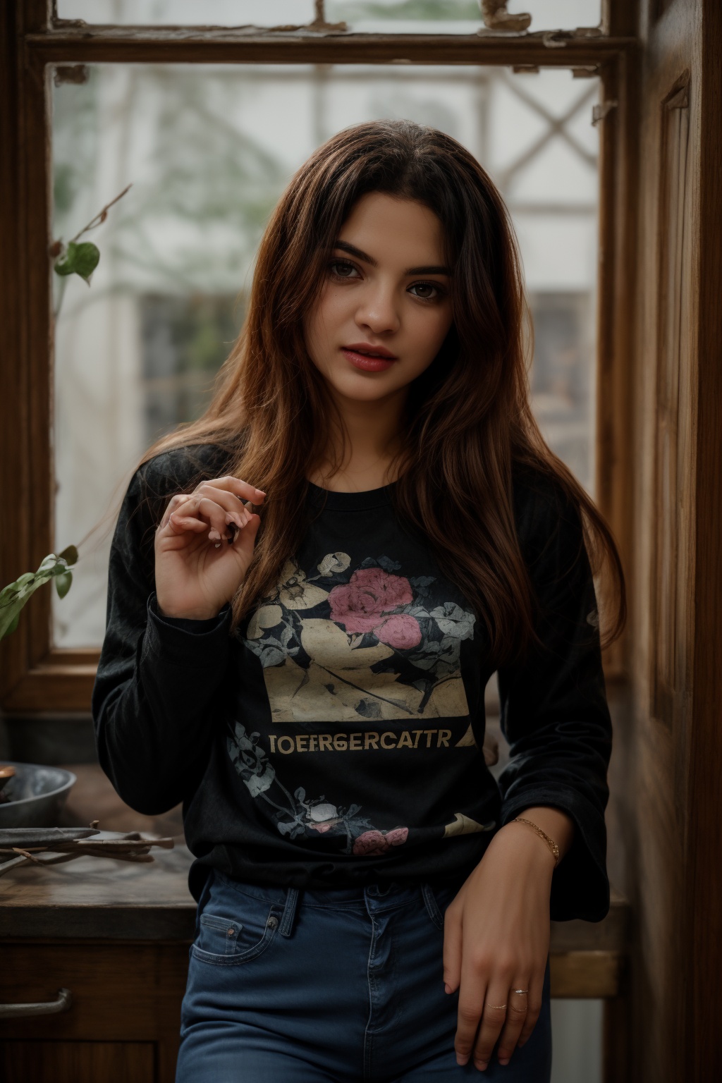 a woman with long,  curly brown hair stands in a kitchen. She is wearing a yellow long-sleeved t-shirt,  adorned with a mu...