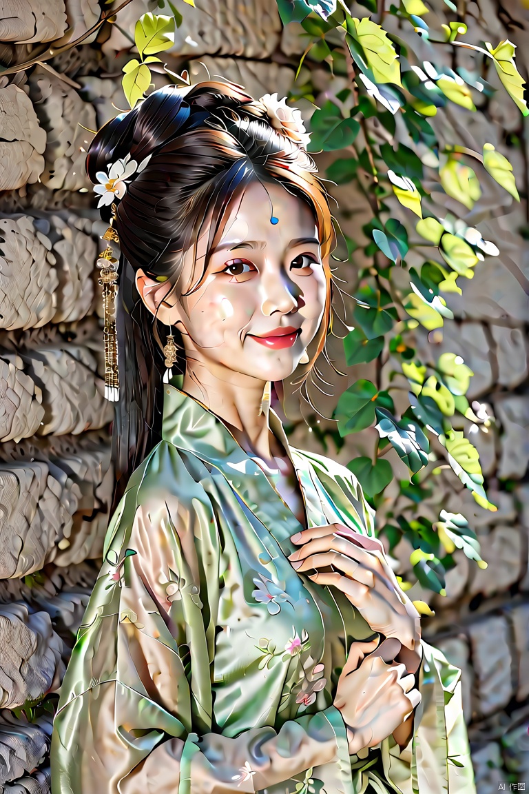 A beautiful Chinese girl wearing a pastel green Ming dynasty hanfu with delicate floral designs, posing against an ancient stone wall covered in ivy. The dappled sunlight filters through the leaves, casting a gentle glow on her serene expression and natural skin. Her flowing sleeves and intricate hairstyle enhance her timeless elegance and subtle sensuality. Gold powder dusts her cheeks, giving her a luminous glow, while her eyes reflect the surrounding beauty, adding a captivating sparkle. Her skin, with its natural imperfections and visible pores, emphasizes her genuine charm.