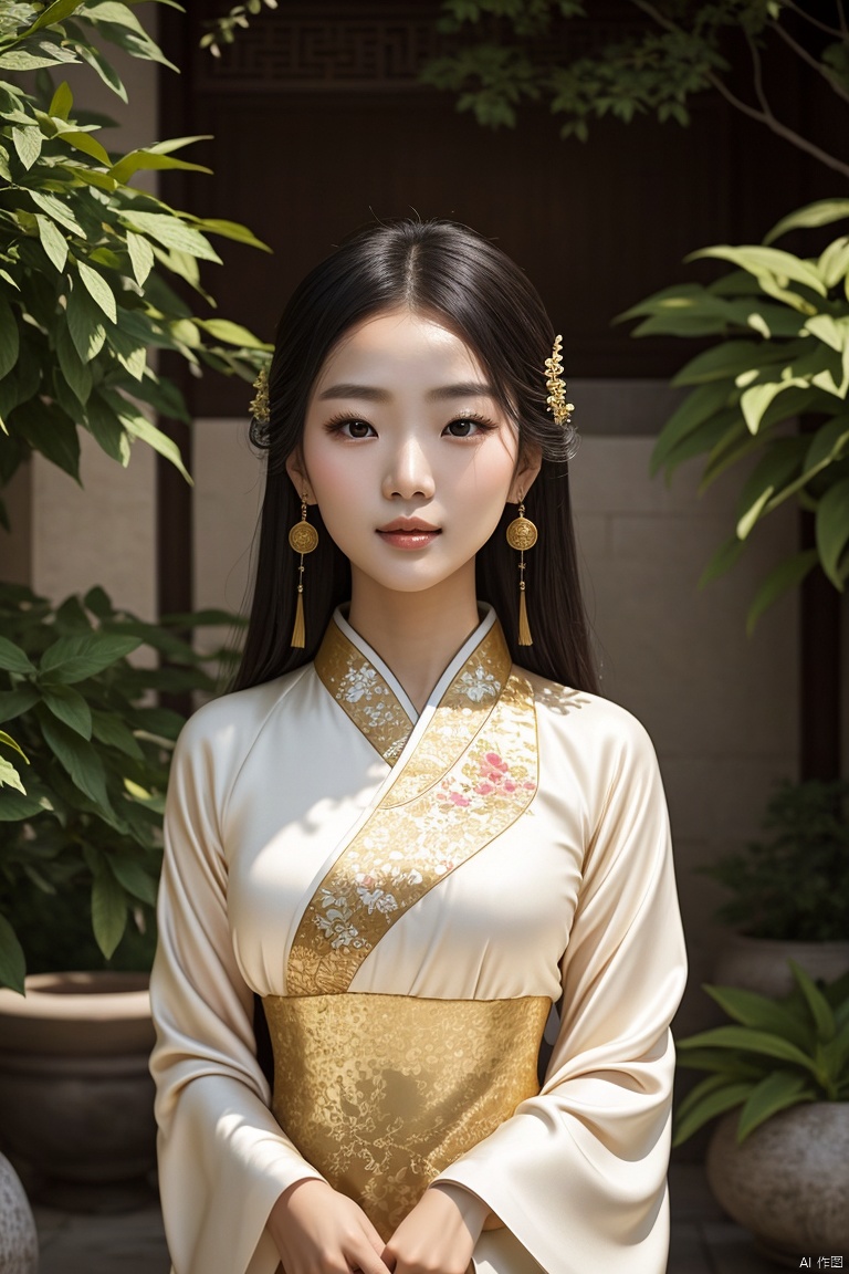 A delicate and enchanting Chinese girl dressed in a flowing Ming Dynasty Hanfu, standing in a serene garden bathed in natural sunlight. Her skin, with its subtle imperfections and warm, natural tone, is adorned with a light dusting of gold powder, creating a shimmering effect. Her pores are visible, adding a touch of realism to her beauty. Her complexion is a mix of soft nude and naturally flushed tones. Her eyes, free of eyeliner and heavy makeup, shine with a bare-eyed, clean look, enhancing her unadorned, authentic appearance.