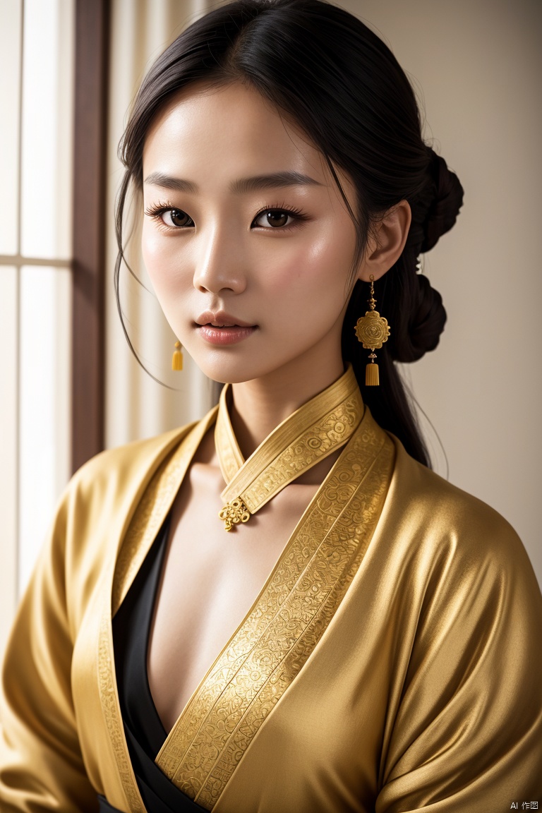 A stunning Chinese girl wearing an exquisite Ming Dynasty Hanfu, bathed in gentle natural lighting that highlights her delicate features. Her skin, characterized by natural imperfections and a warm, yellow-toned hue, is sprinkled with fine gold powder that adds a touch of ethereal beauty. The pores on her skin are subtly visible, contributing to her authentic and raw allure. Her complexion is naturally flushed, exuding a nude, unadorned tone. Her eyes, devoid of heavy makeup and eyeliner, look naturally beautiful, complementing her overall minimalistic and natural look.