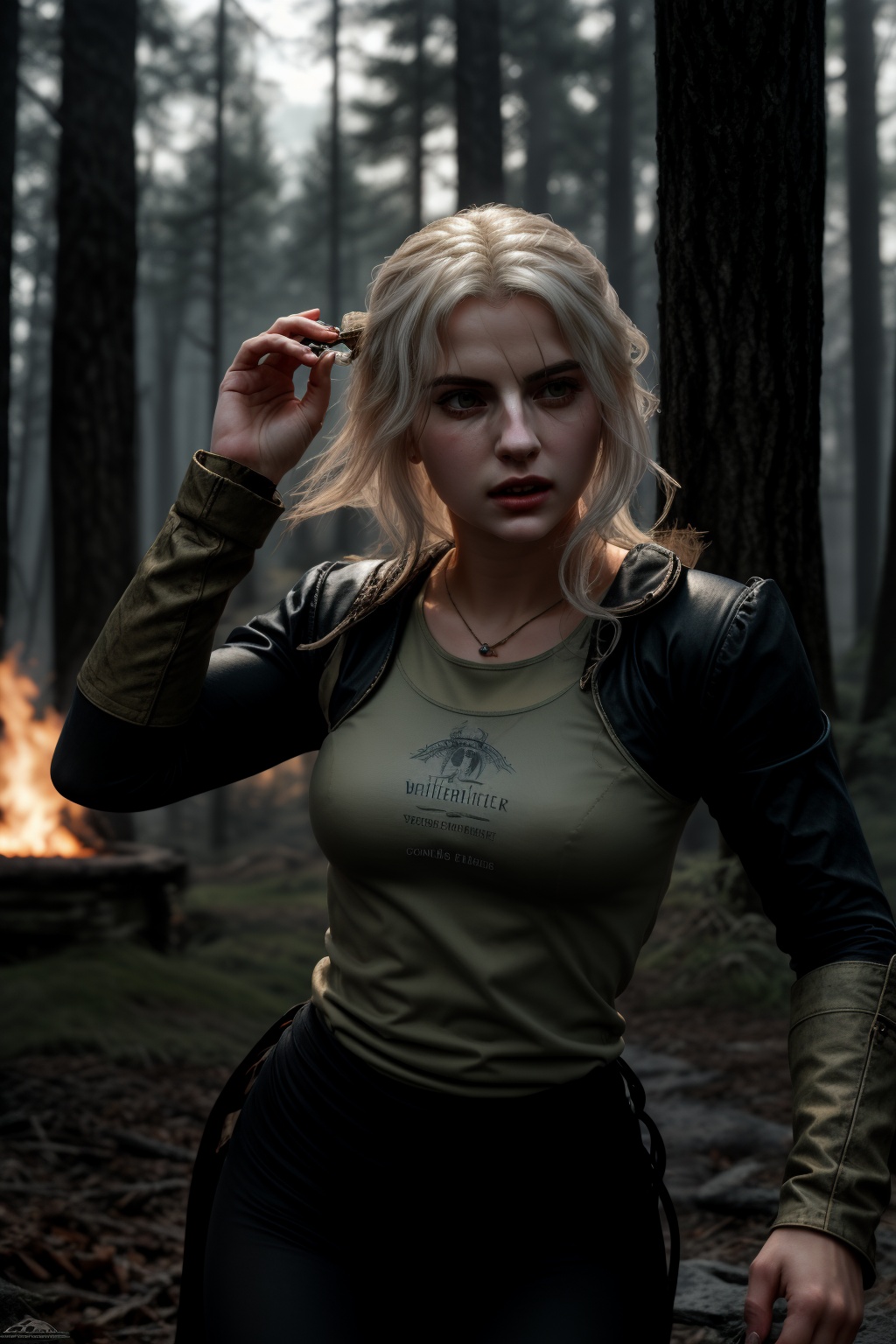 Photo real of Ciri in mid-combat,  gracefully dodging an attack and countering with her sword. She is in her Witcher train...