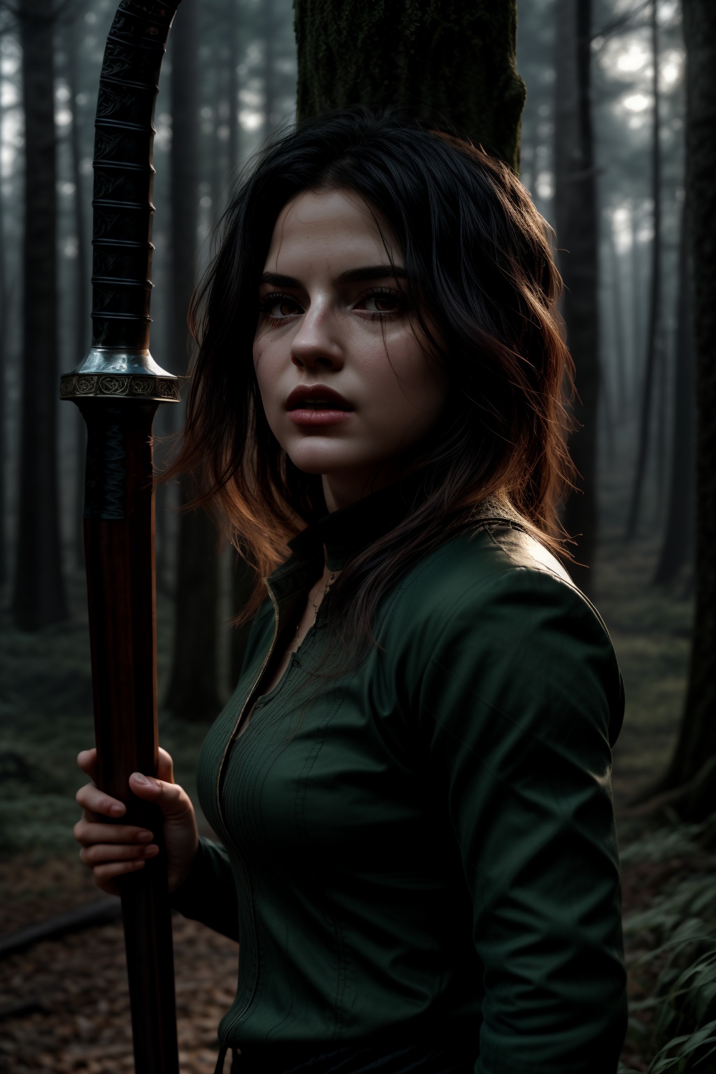 Photo real of Ciri in mid-combat,  gracefully dodging an attack and countering with her sword. She is in her Witcher train...