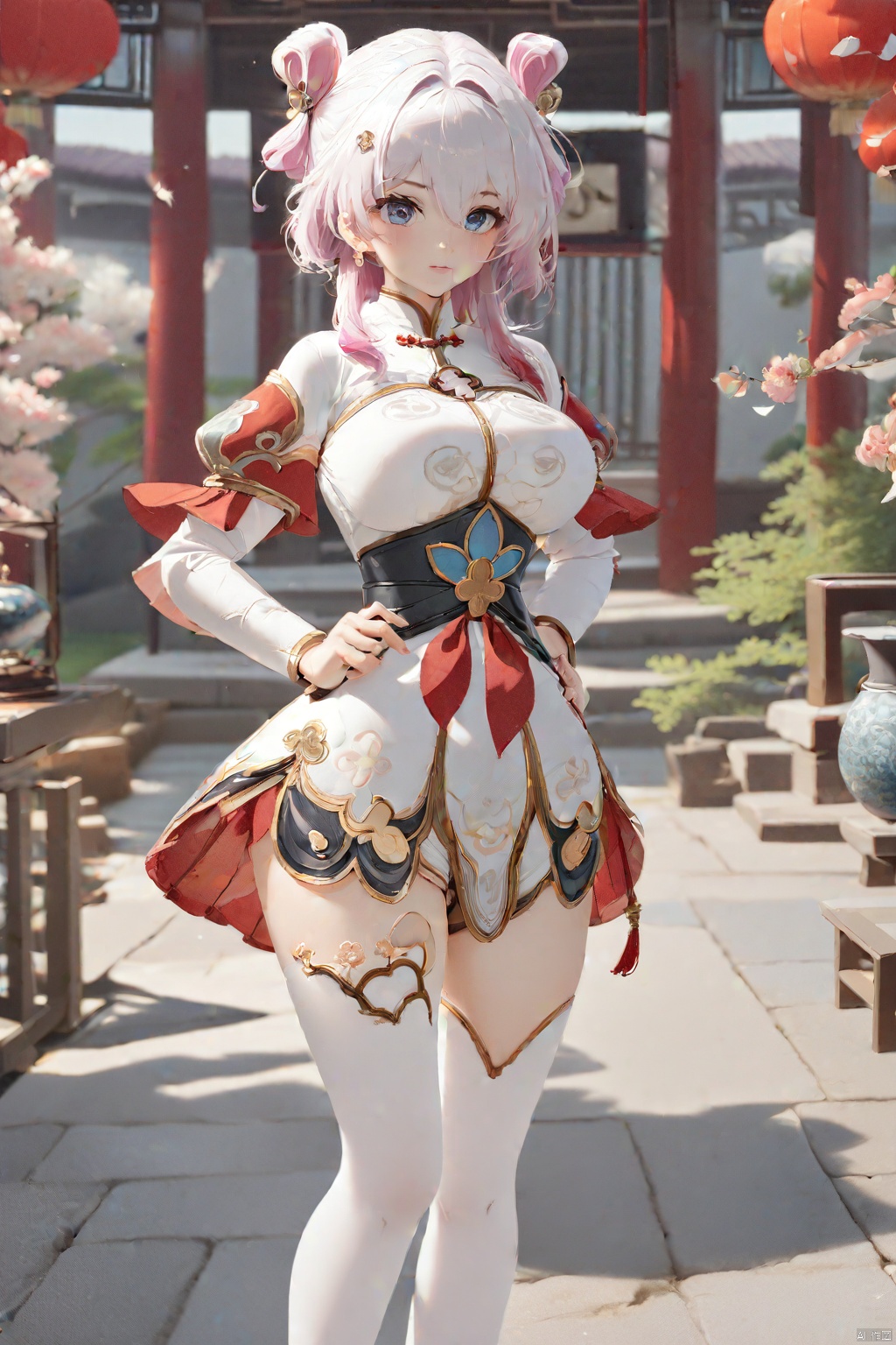 8k, best quality, masterpiece, (ultra-detailed), (high detailed skin), (white background:1.3), 
(full body:1.25), (white background), standing, looking at viewer, (solo:1.3), hands on hips, 
, sanyueqi, 3rd clothes, chinese clothes, 1girl, fingerless gloves, multicolored eyes, breasts, black gloves, white thighhighs, 
(beautiful_face), ((intricate_detail)), clear face, 
((finely_detailed)), fine_fabric_emphasis, 
((glossy)), full_shot, 